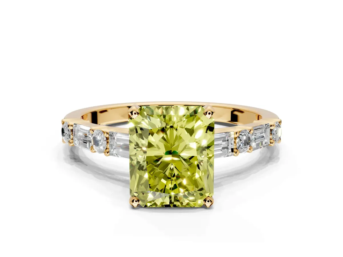 Baguette Engagement Ring Setting for Fancy Yellow Radiant Cut Center with Alternating Bar-Set Band and Prong Head in Yellow Gold