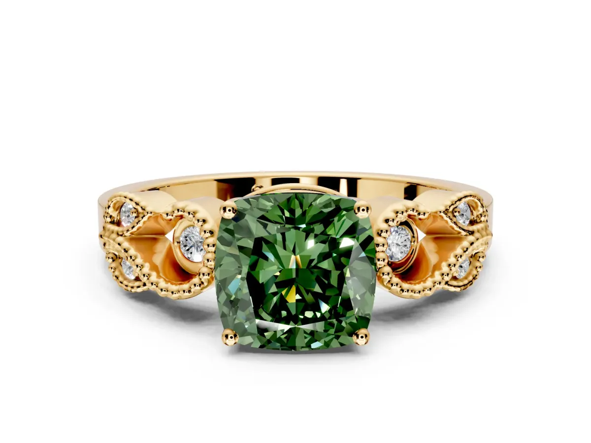 Leaf Engagement Ring Setting for Fancy Green Cushion Cut Center with Milgrain Accent Band and Prong Head in Yellow Gold