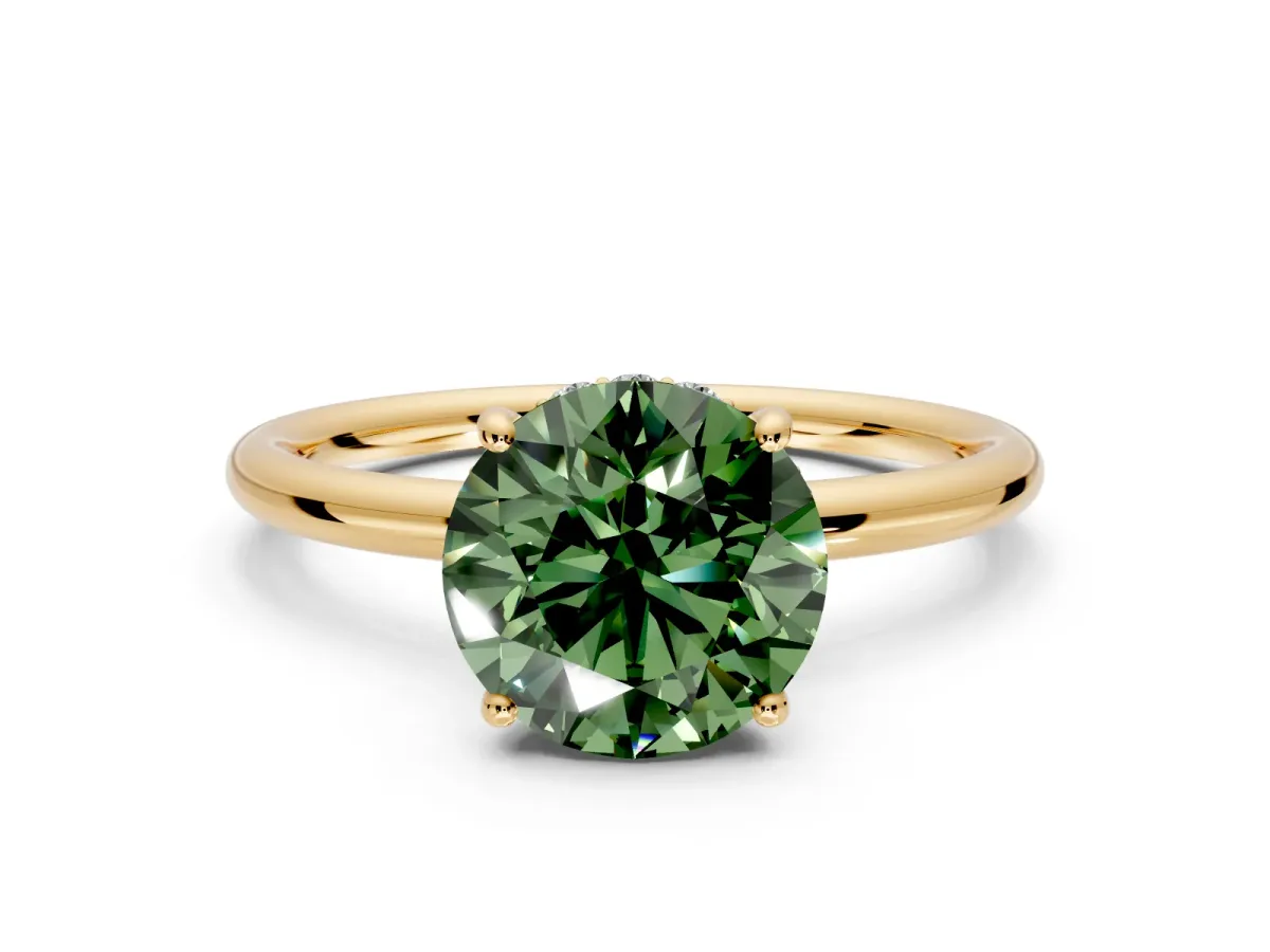 Solitaire Engagement Ring Setting for Fancy Green Round Cut Center with Plain Band, Open Basket and Prong Head in Yellow Gold