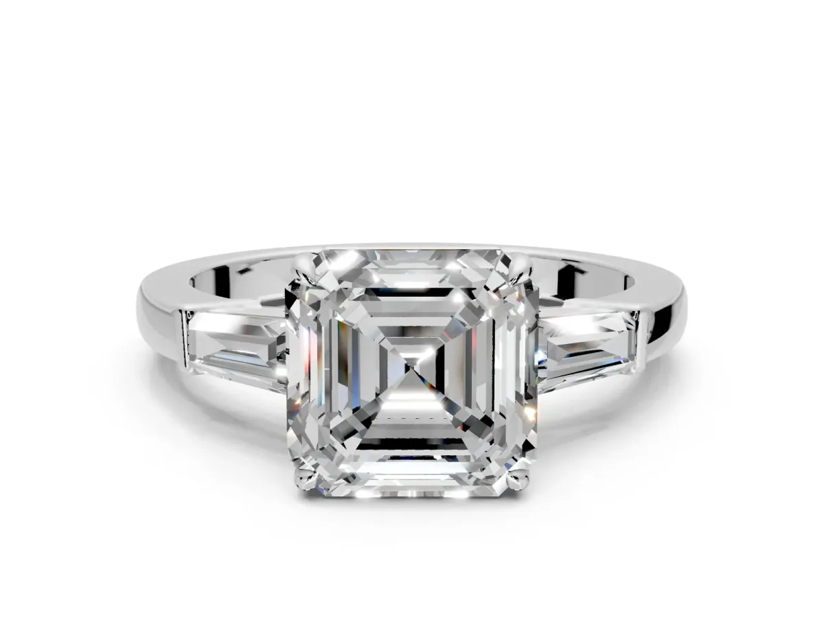 3 Stone Engagement Ring Setting for Asscher Cut Center with Baguette Accents and Prong Head in Sterling Silver