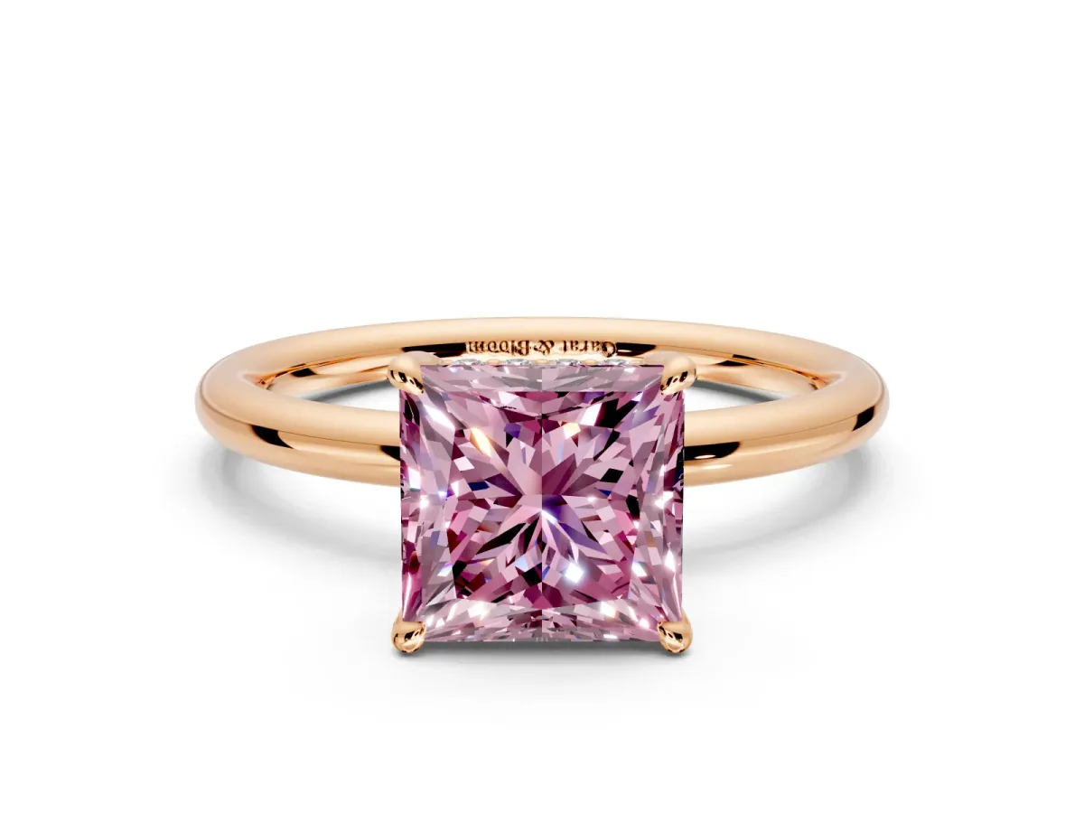 Hidden Halo Engagement Ring Setting for Fancy Pink Princess Cut Center with Thin Rounded Band and Prong Head in Rose Gold