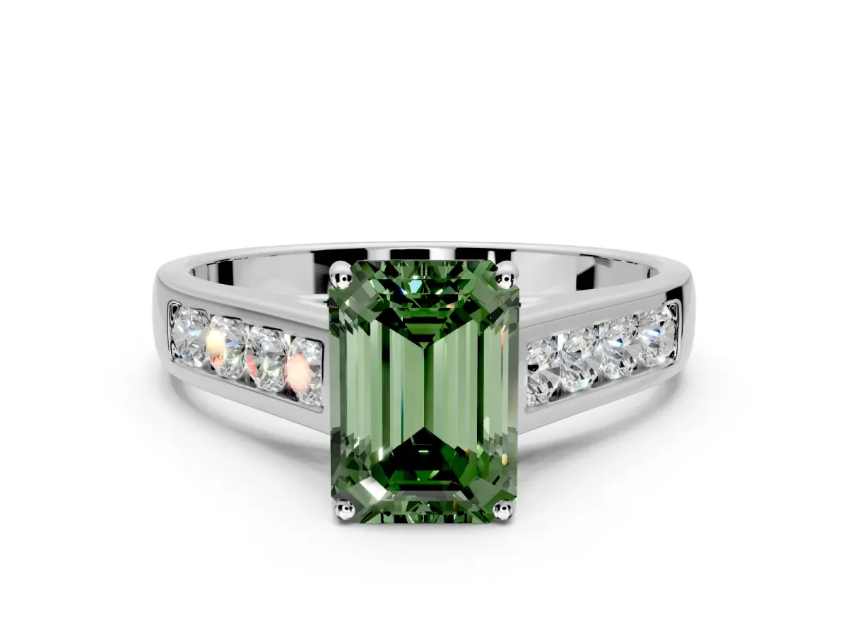 Solitaire Engagement Ring Setting for Fancy Green Emerald Cut Center with Cathedral Channel Band and Prong Head in Platinum