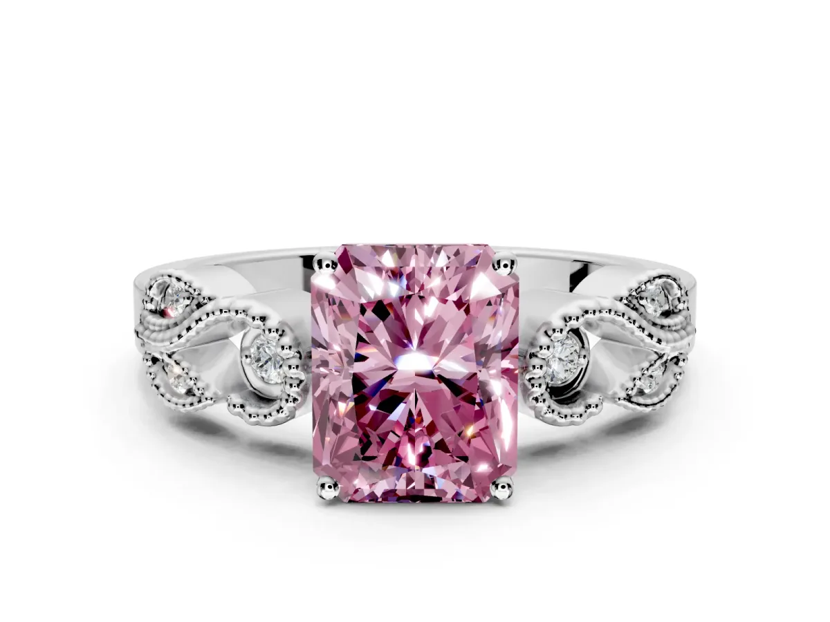 Leaf Engagement Ring Setting for Fancy Pink Princess Cut Center with Milgrain Accent Band and Prong Head in Sterling Silver