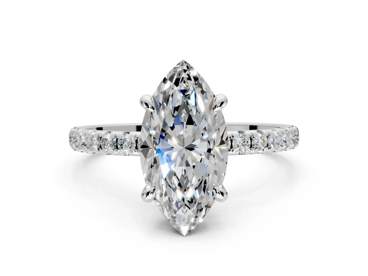 Solitaire Engagement Ring Setting for Marquise Center with Fine Pave Narrow Band and Prong Head in Sterling Silver