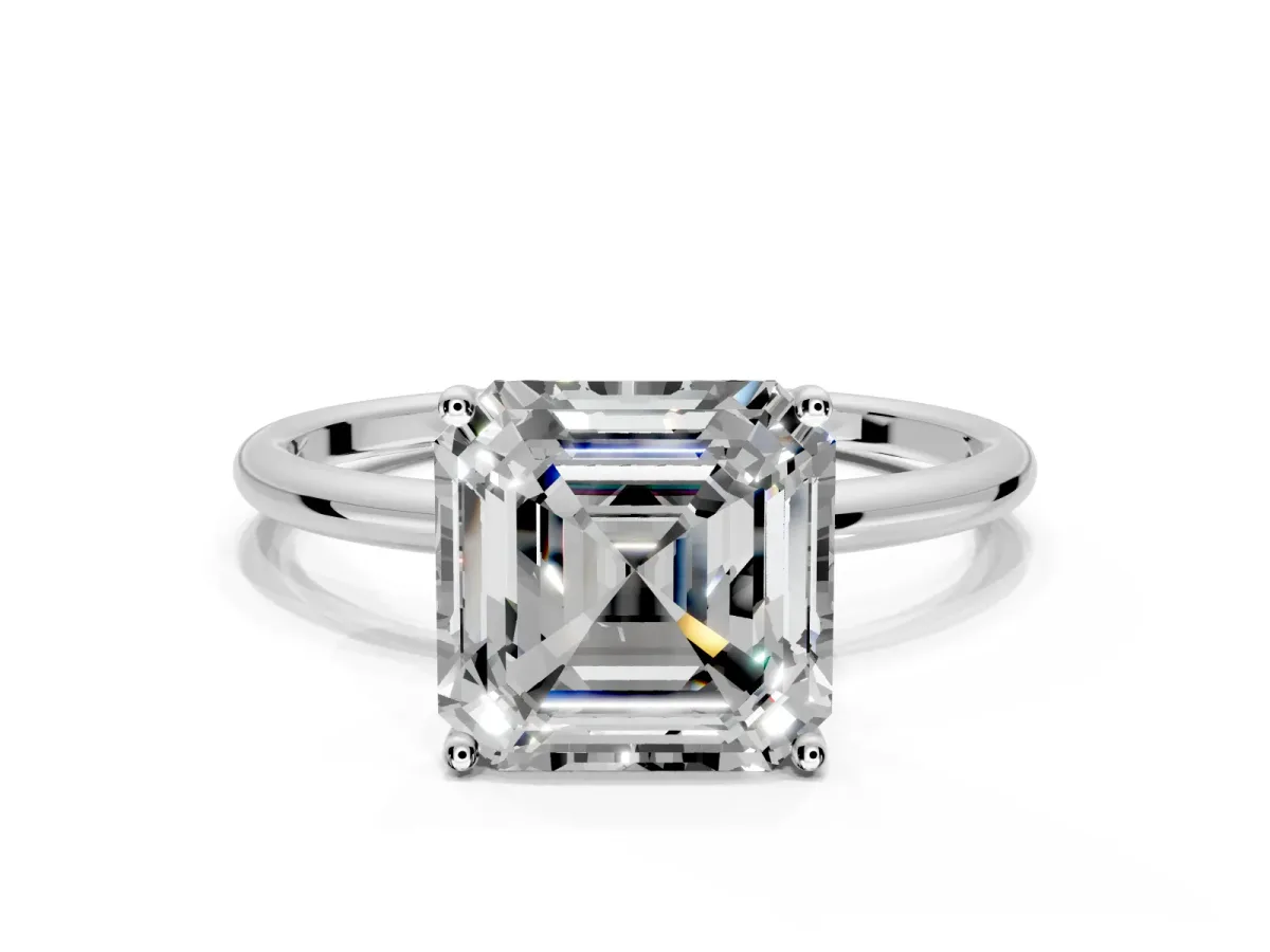 Solitaire Engagement Ring Setting for Asscher Cut Center with Straight Thin Band and Prong Head in White Gold