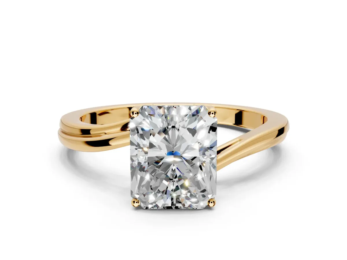 Solitaire Engagement Ring Setting for Radiant Cut Center with Plain Bypass Twist Band and Prong Head in Yellow Gold