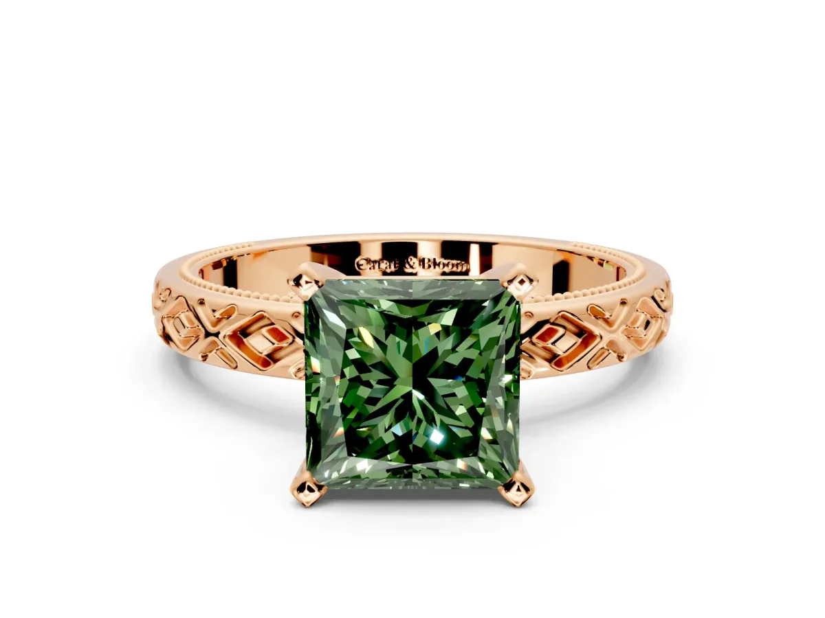 Solitaire Engagement Ring Setting for Fancy Green Princess Cut Center with Milgrain X Pattern Band and Prong Head in Rose Gold