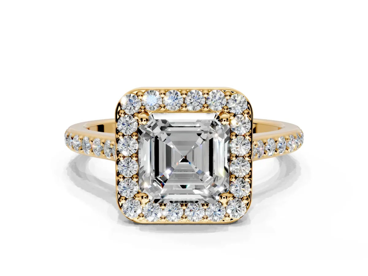 Halo Engagement Ring Setting for Asscher Cut Center with Pave Accents, Heart Basket and Prong Head in Yellow Gold
