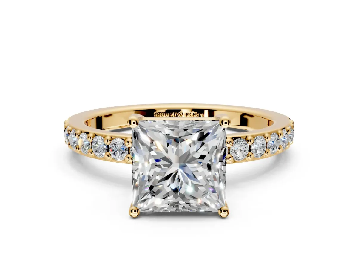 Solitaire Engagement Ring Setting for Princess Cut Center with Round Cut Pave Band and Prong Head in Yellow Gold