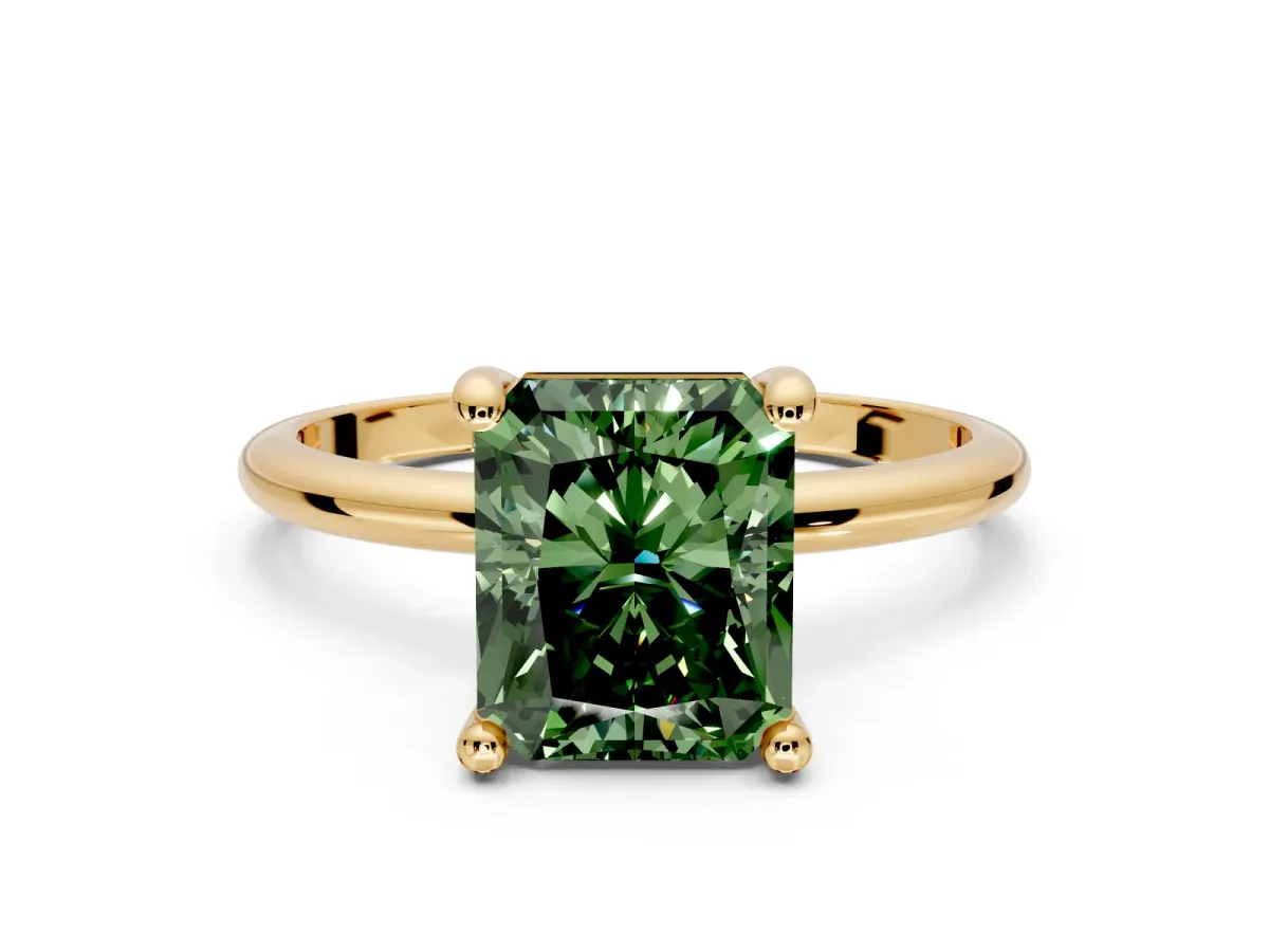 Minimalist Solitaire Engagement Ring Setting for Fancy Green Radiant Cut Center with Thin Band and Prong Head in Yellow Gold
