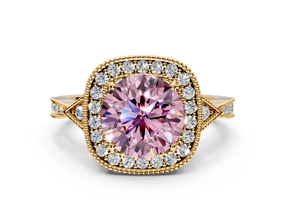 Halo Engagement Ring Setting for Fancy Pink Round Cut Center with Milgrain Rim, Pave Band and Prong Head in Yellow Gold