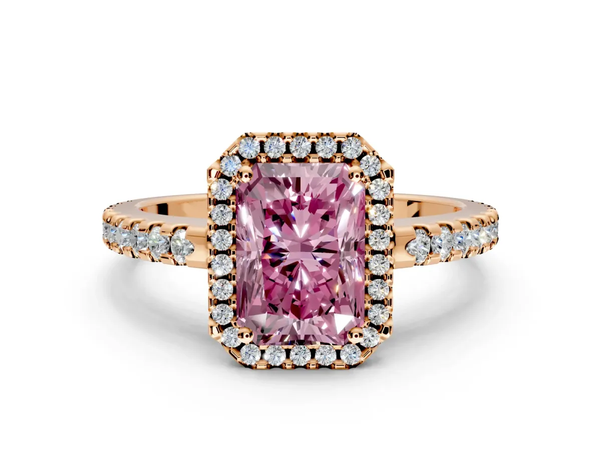 Accent Halo Engagement Ring Setting for Fancy Pink Radiant Cut Center with Full-Length Pave Band and Prong Head in Rose Gold