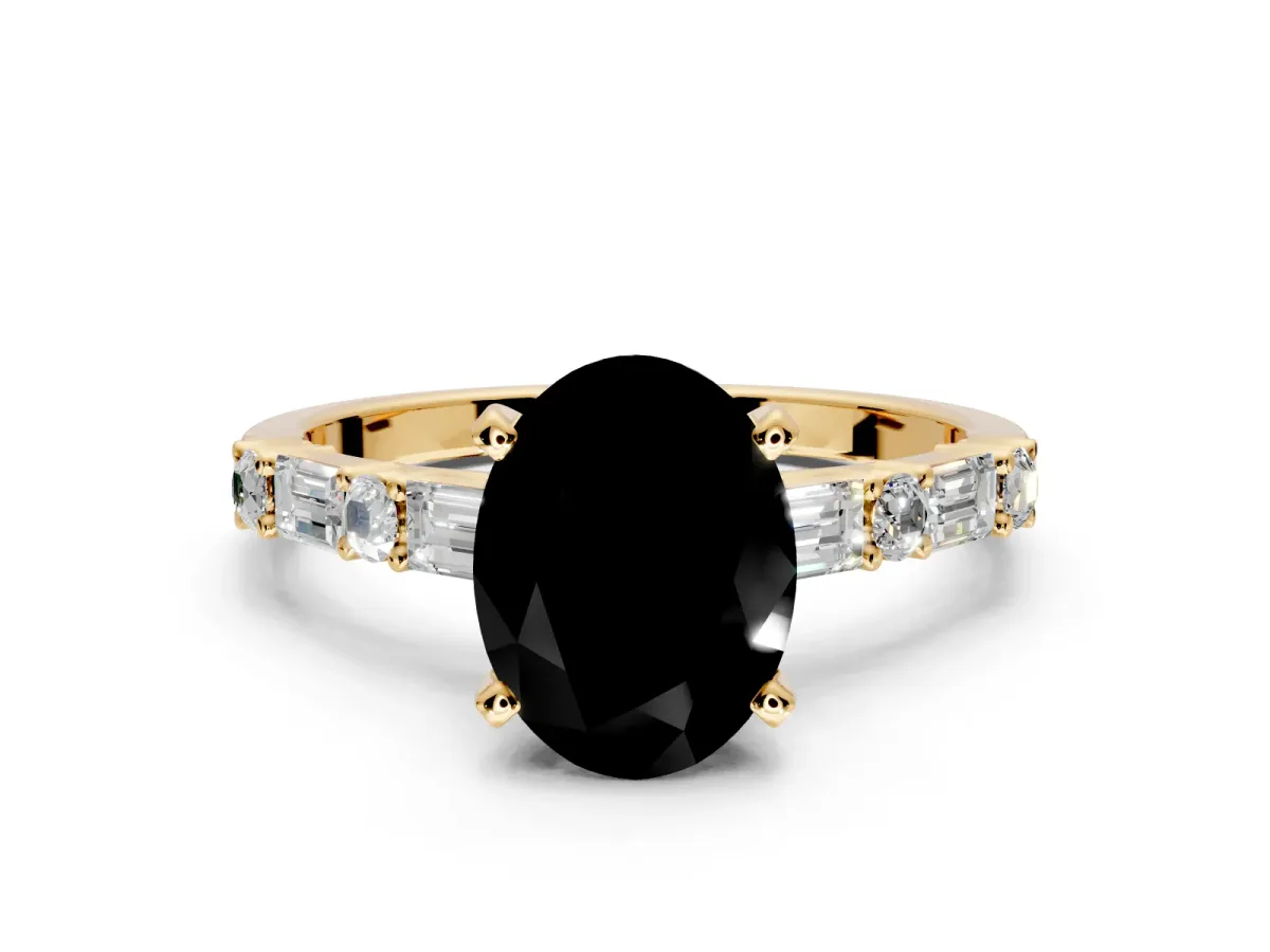 Baguette Engagement Ring Setting for Fancy Black Oval Center with Alternating Bar-Set Band and Prong Head in Yellow Gold