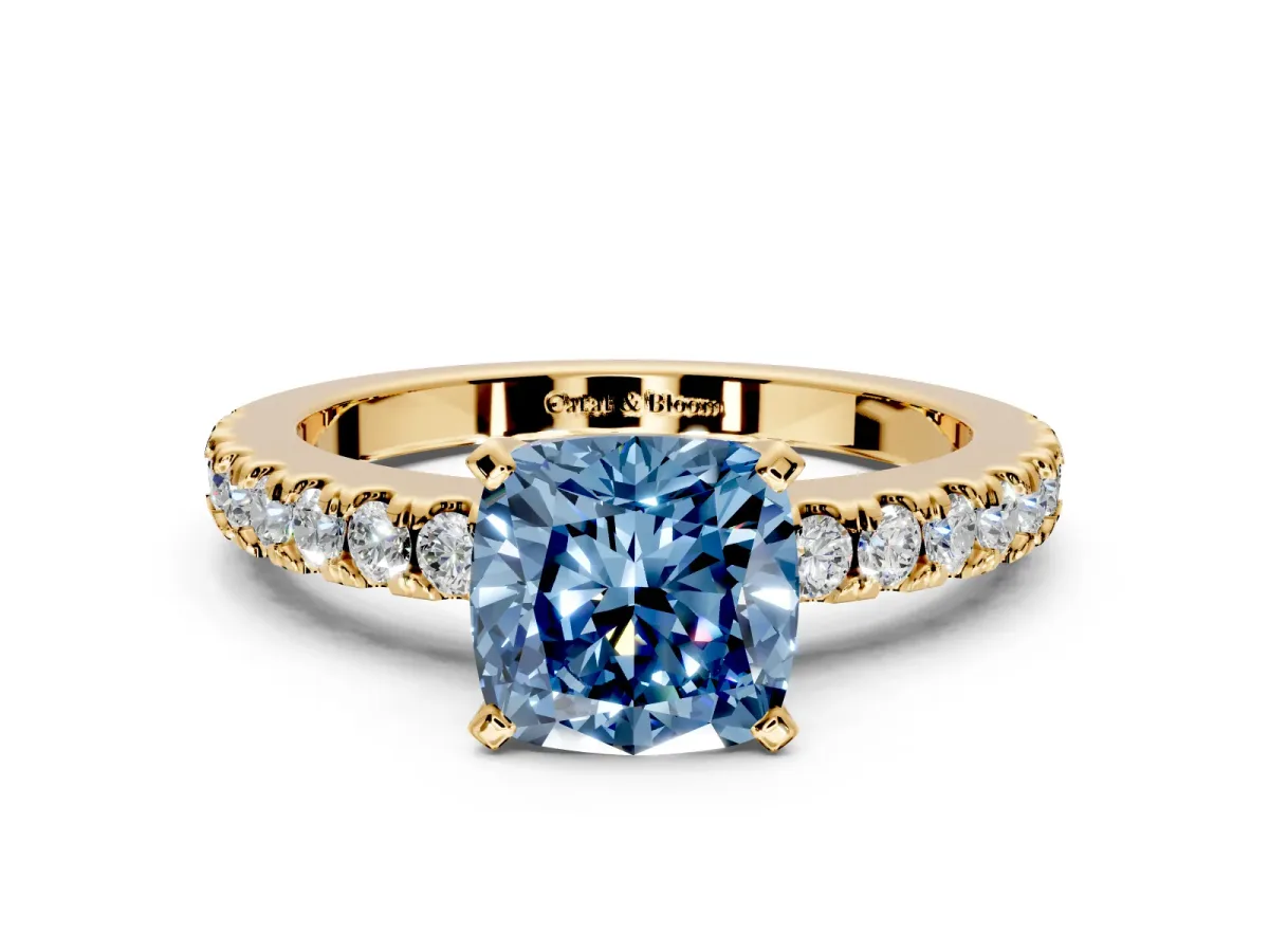 Solitaire Engagement Ring Setting for Fancy Blue Cushion Cut Center with Single Row Accent Band and Prong Head in Yellow Gold