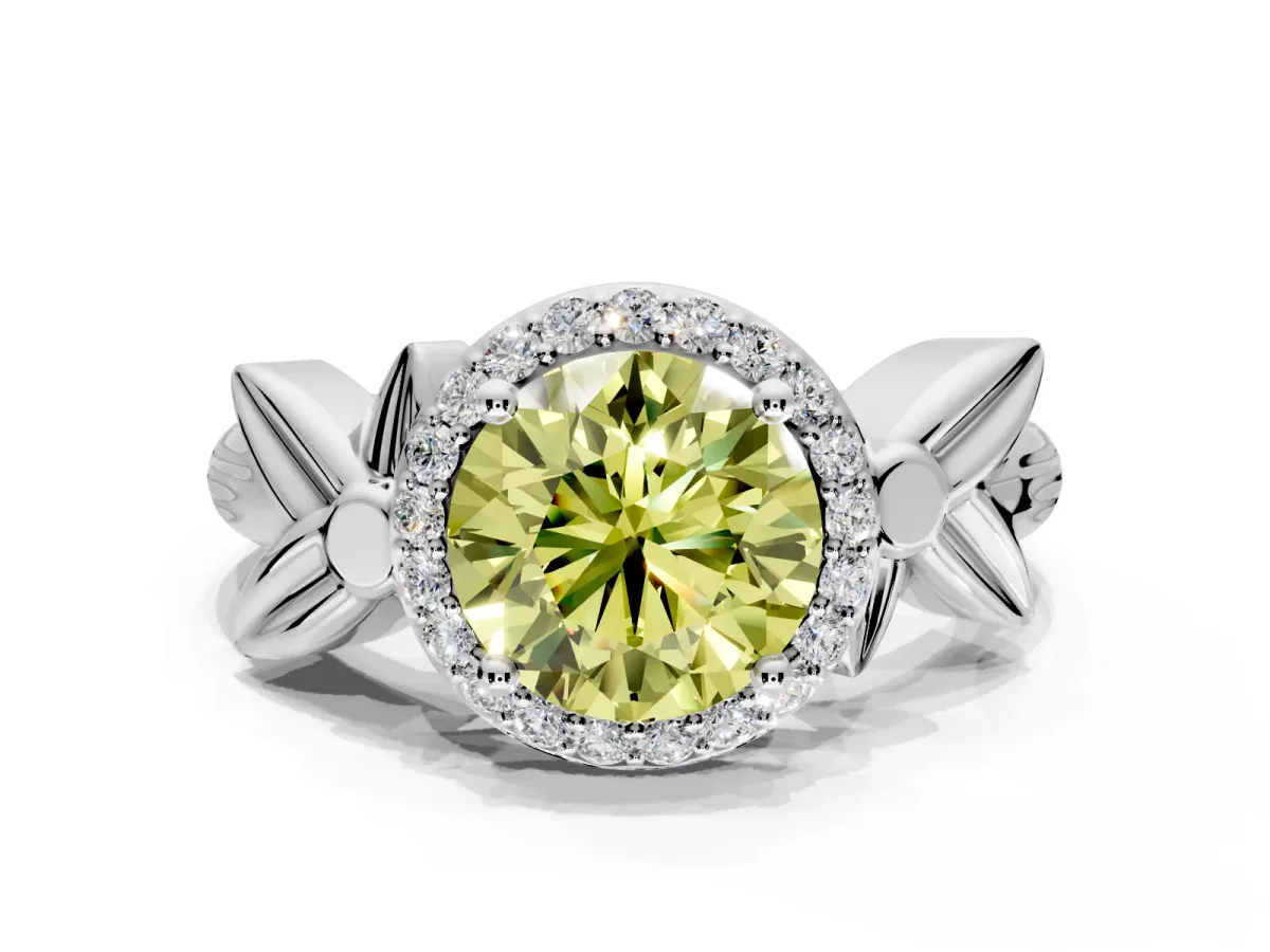 Halo Engagement Ring Setting for Fancy Yellow Round Cut Center with Floral Band and Prong Head in Platinum