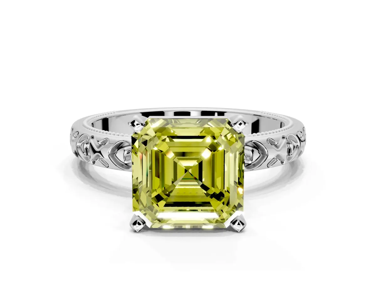 Solitaire Engagement Ring Setting for Fancy Yellow Asscher Cut Center with XO Engraved Band and Prong Head in Platinum