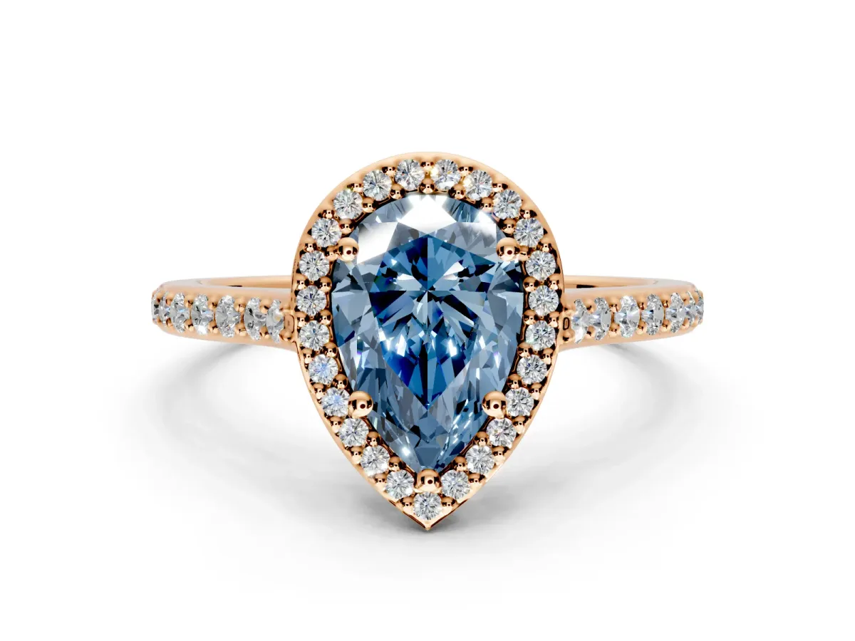 Halo Engagement Ring Setting for Fancy Blue Pear-Shaped Center with Pave Accents, Heart Basket and Prong Head in Rose Gold