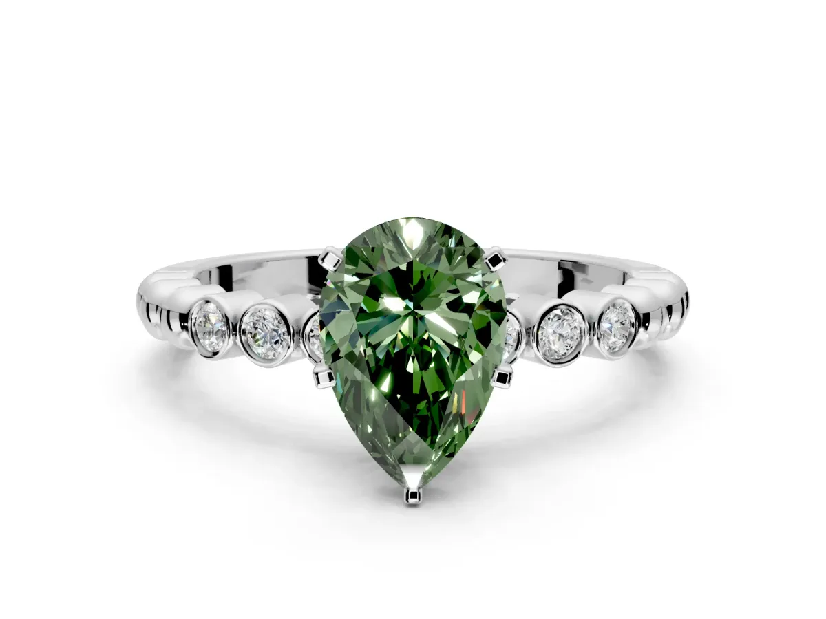 Solitaire Engagement Ring Setting for Fancy Green Pear-Shaped Center with Bezel-Dot Beaded Band and Prong Head in Platinum
