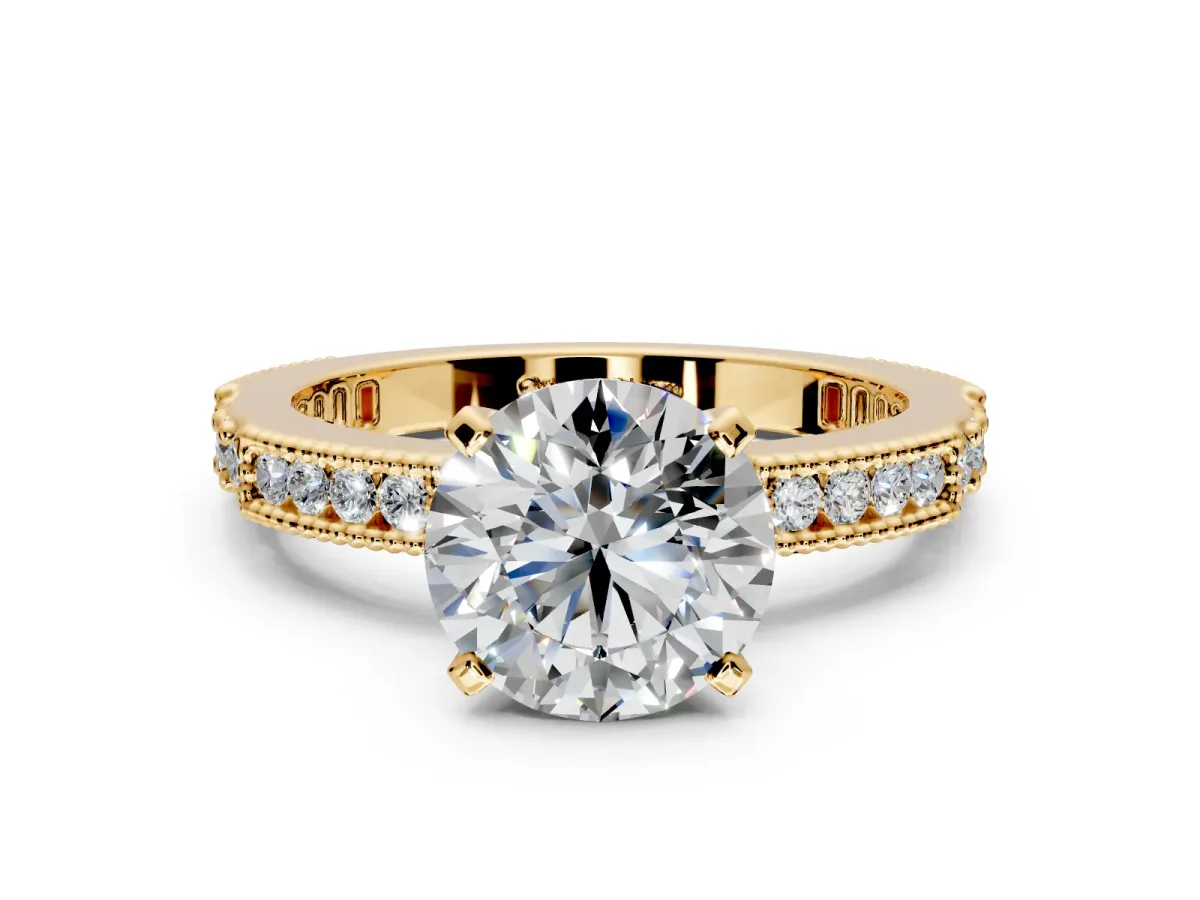 Solitaire Engagement Ring Setting for Round Cut Center with Milgrain-Edged Pave Band and Prong Head in Yellow Gold