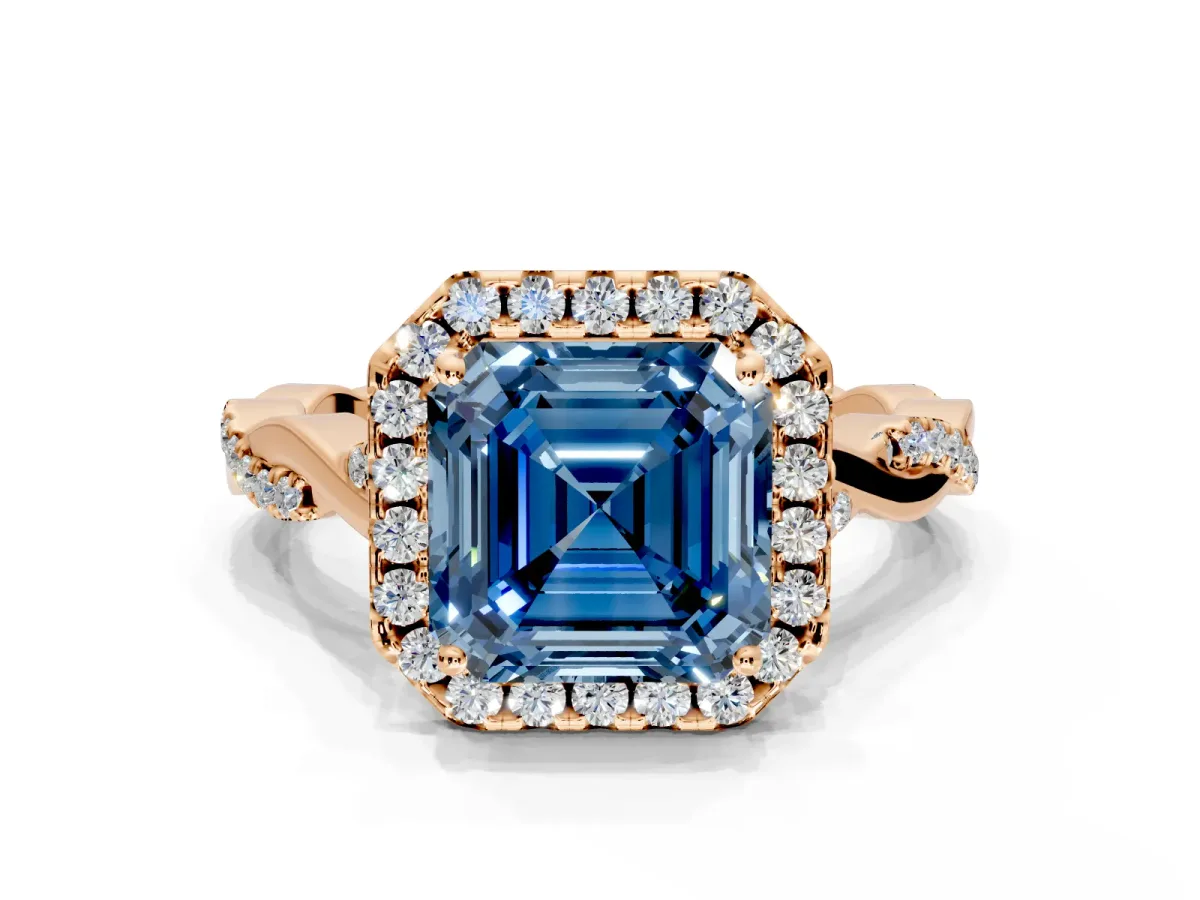 Halo Engagement Ring Setting for Fancy Blue Asscher Cut Center with Twist Band and Prong Head in Rose Gold