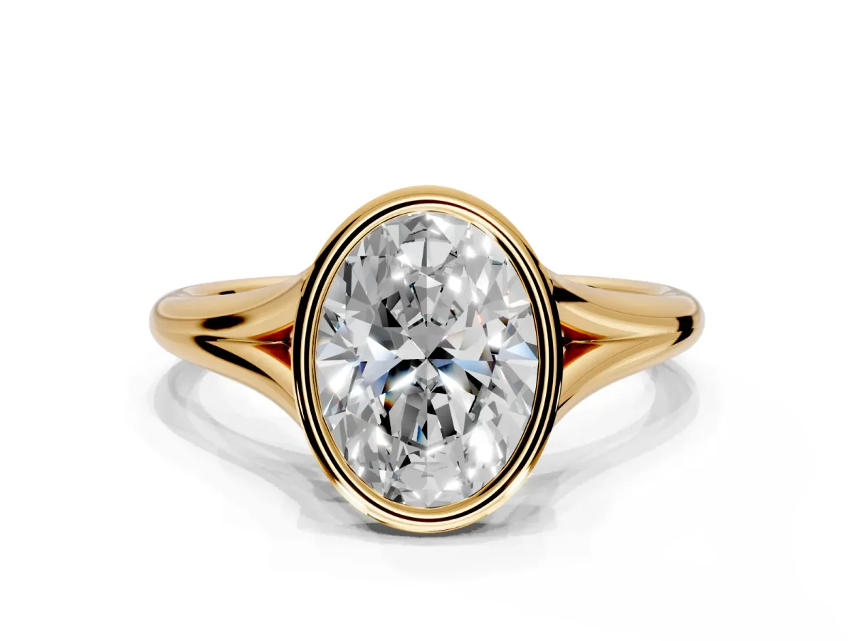 Solitaire Engagement Ring Setting for Oval Center with V Split Shank and Bezel Head in Yellow Gold