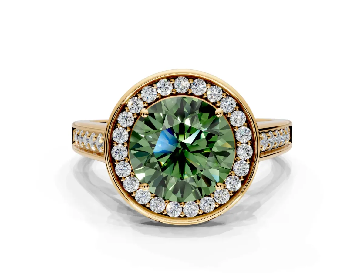 Halo Engagement Ring Setting for Fancy Green Round Cut Center with Outer Bezel Rim, Pave Band and Prong Head in Yellow Gold