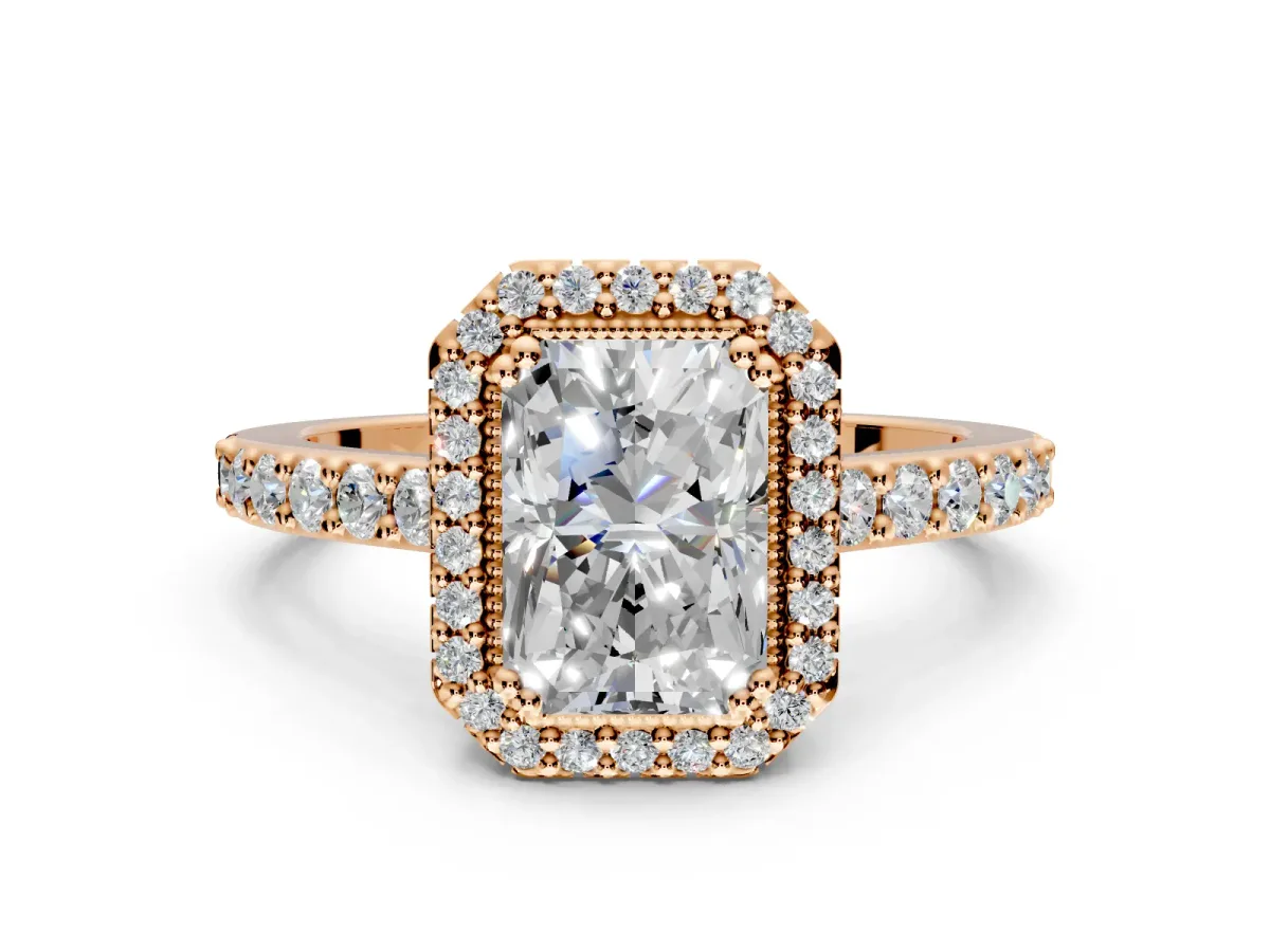 Halo Engagement Ring Setting for Radiant Cut Center with Inner Milgrain Border and Prong Head in Rose Gold