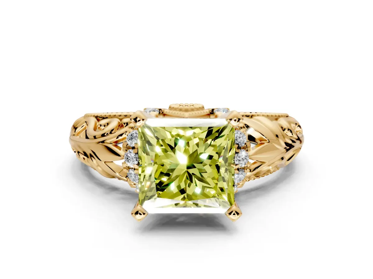 Solitaire Engagement Ring Setting for Fancy Yellow Princess Cut Center with Filigree Accent Basket and Prong Head in Yellow Gold