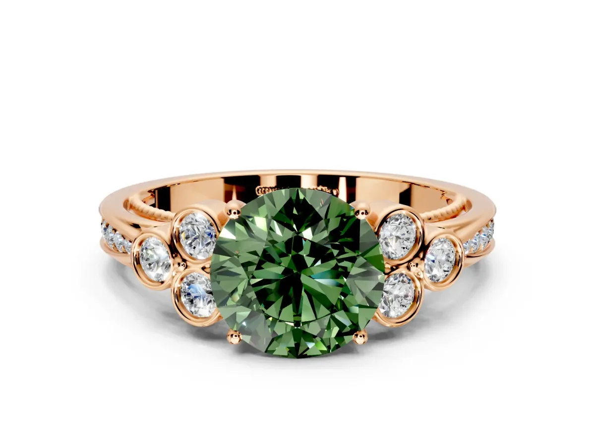 Cluster Engagement Ring Setting for Fancy Green Round Cut Center with Bezel Accent Clusters and Prong Head in Rose Gold