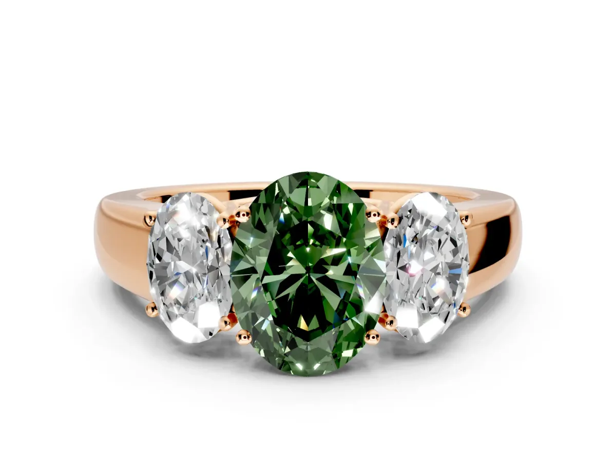 3 Stone Engagement Ring Setting for Fancy Green Oval Center with Raised Basket Heads and Prong Head in Rose Gold