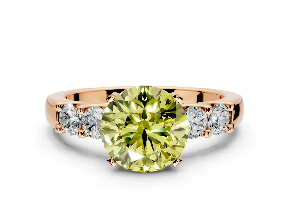 5 Stone Engagement Ring Setting for Fancy Yellow Round Cut Center with Plain Band and Prong Head in Rose Gold