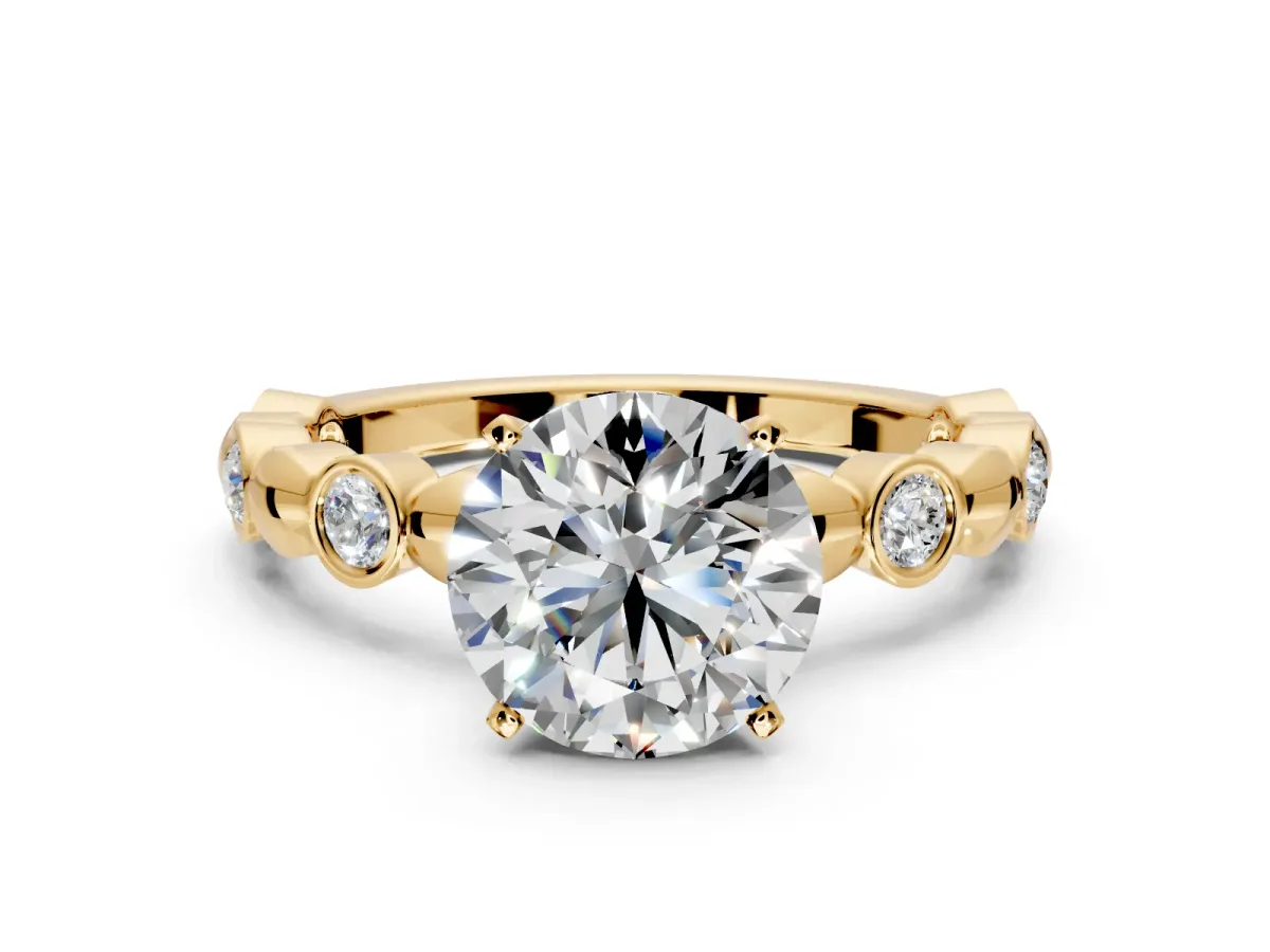 Solitaire Engagement Ring Setting for Round Cut Center with Beaded Bezel Station Band and Prong Head in Yellow Gold