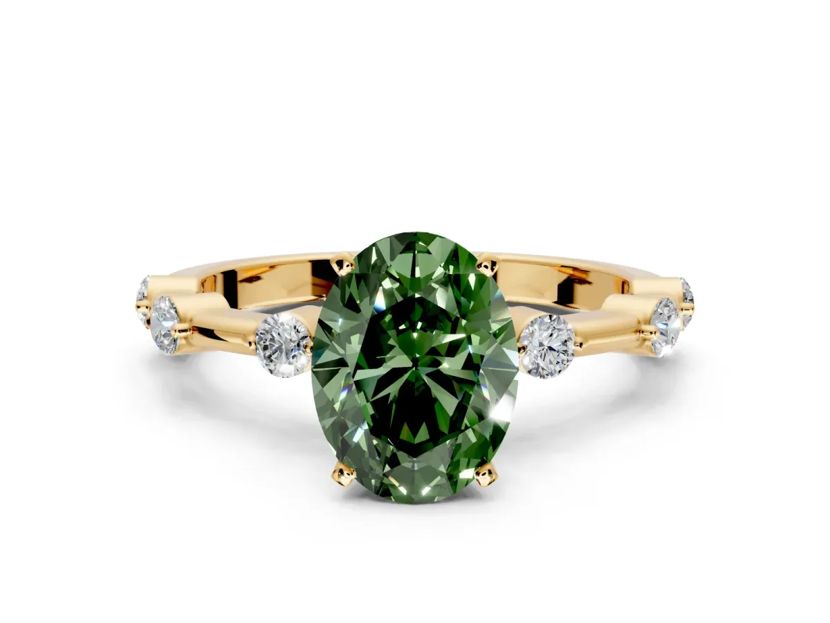 Solitaire Engagement Ring Setting for Fancy Green Oval Center with Bezel Station Band and Prong Head in Yellow Gold