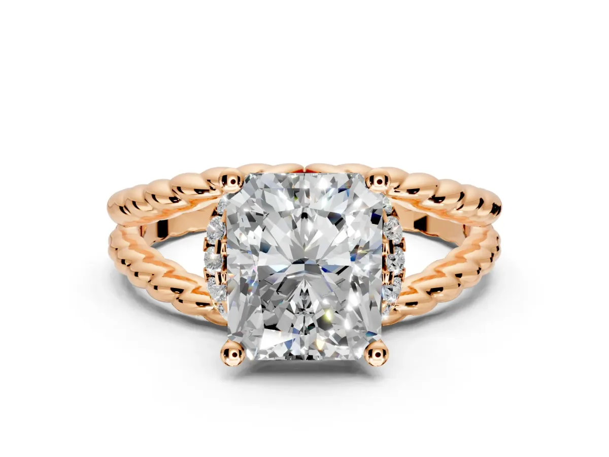 Halo Engagement Ring Setting for Radiant Cut Center with Rope Twist Split Shank and Prong Head in Rose Gold