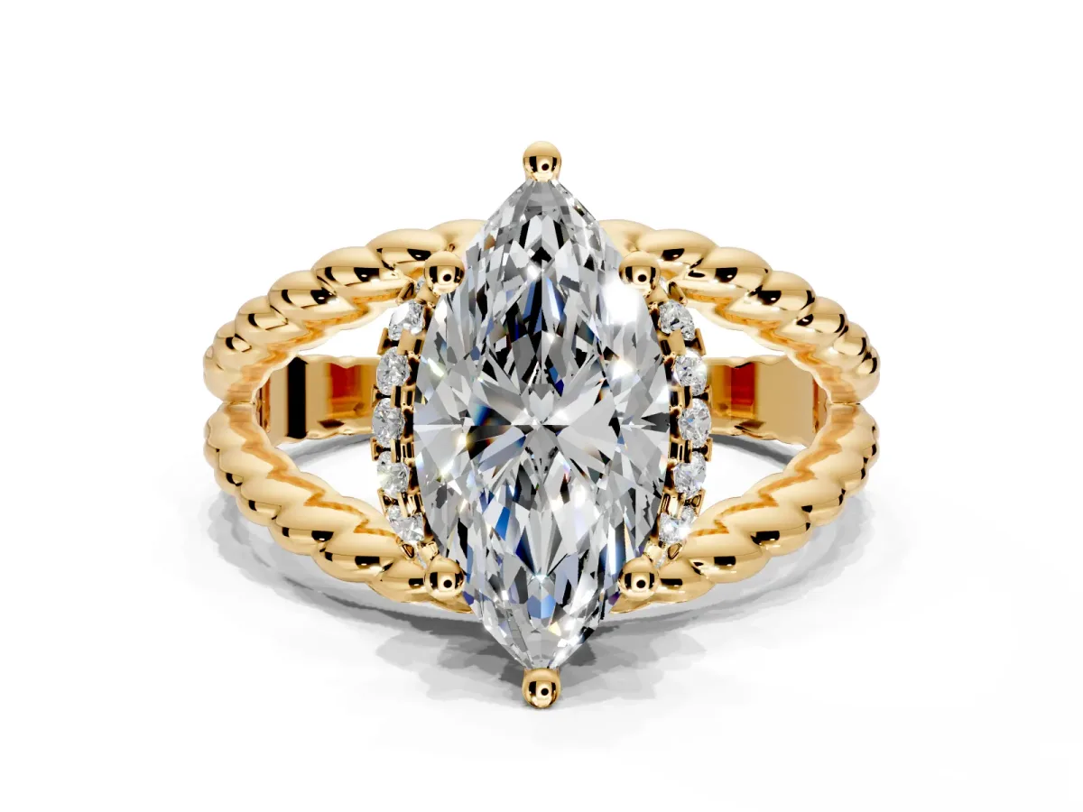 Halo Engagement Ring Setting for Marquise Center with Rope Twist Split Shank and Prong Head in Yellow Gold