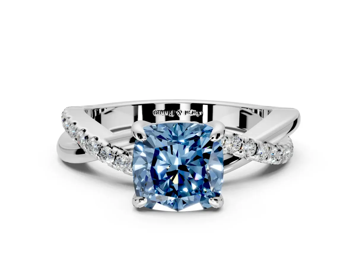 Solitaire Engagement Ring Setting for Fancy Blue Cushion Cut Center with Half-Pave Crossover Band and Prong Head in Sterling Silver