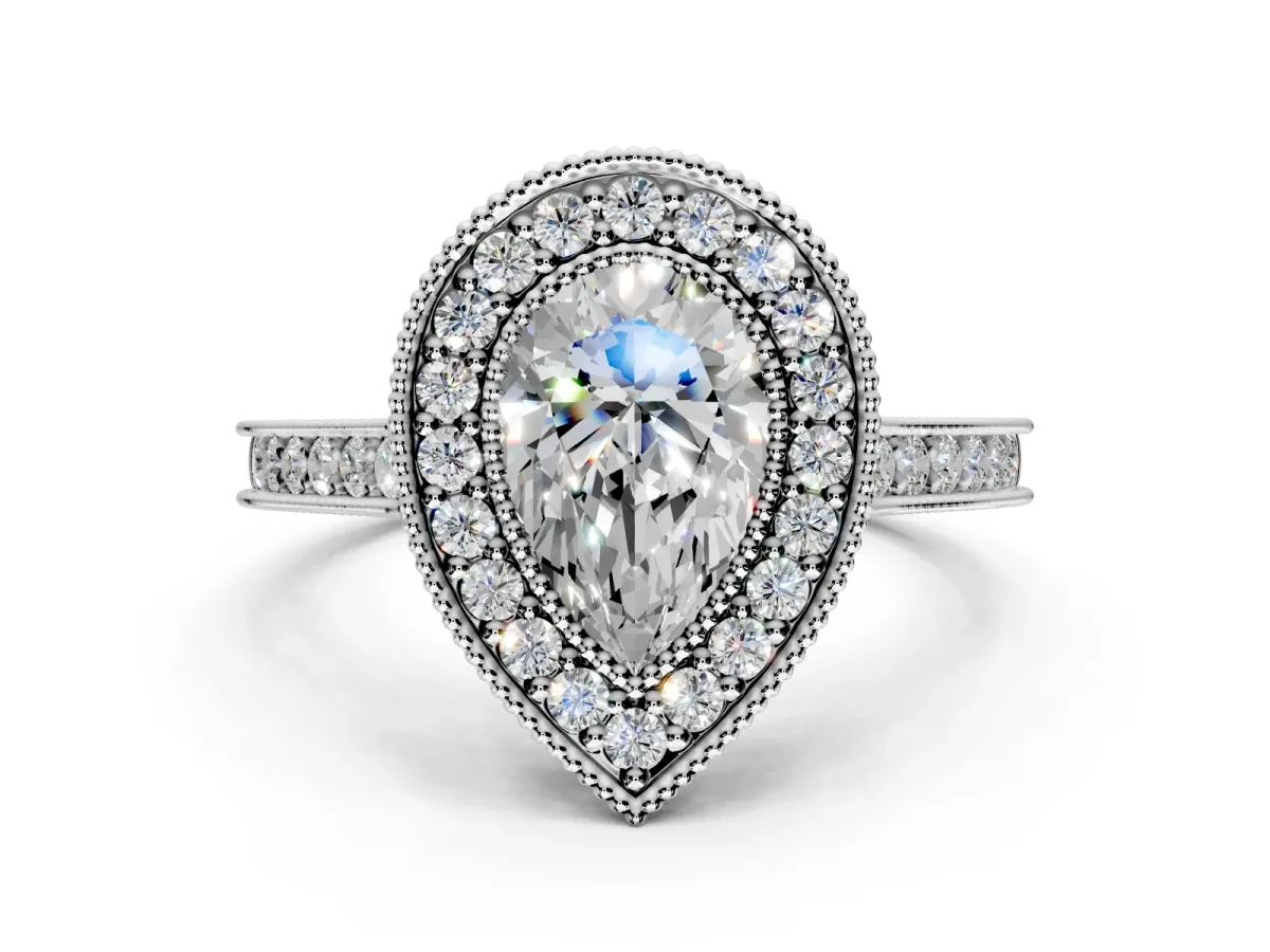 Halo Engagement Ring Setting for Pear-Shaped Center with Milgrain Pave Band and Bezel Head in Sterling Silver