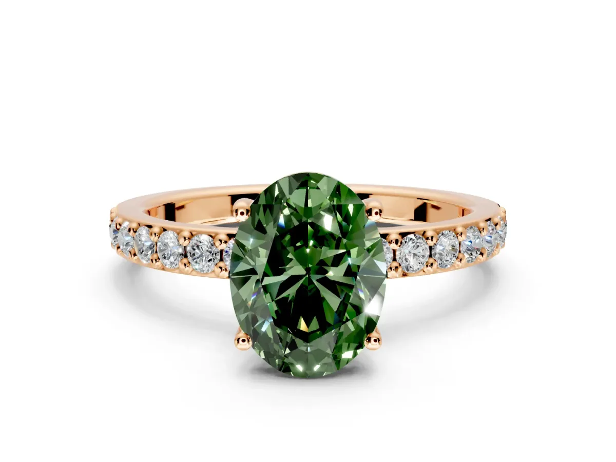 Solitaire Engagement Ring Setting for Fancy Green Oval Center with Round Cut Pave Band and Prong Head in Rose Gold