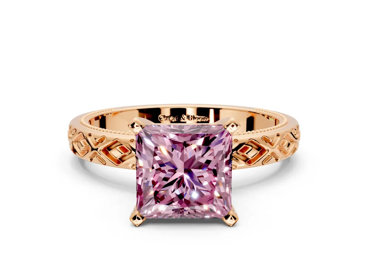 Solitaire Engagement Ring Setting for Fancy Pink Princess Cut Center with Milgrain X Pattern Band and Prong Head in Rose Gold