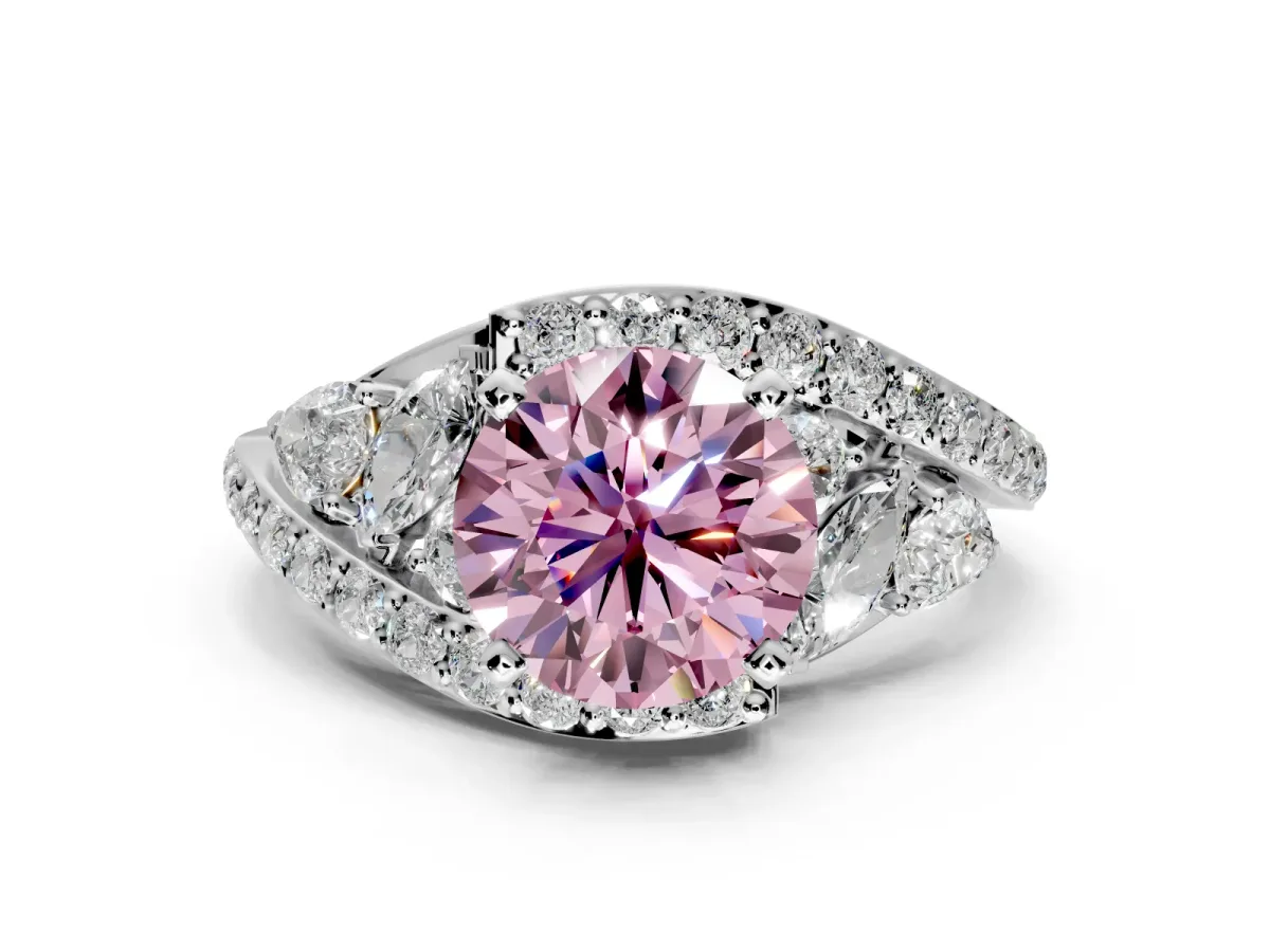 Halo Engagement Ring Setting for Fancy Pink Round Cut Center with Marquise and Pave Bypass Band and Prong Head in Sterling Silver
