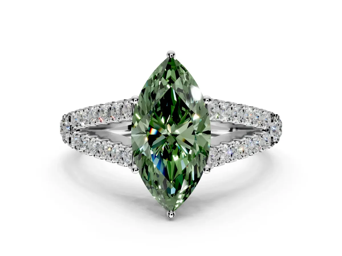 Solitaire Engagement Ring Setting for Fancy Green Marquise Center with Pave Split Shank and Prong Head in Sterling Silver