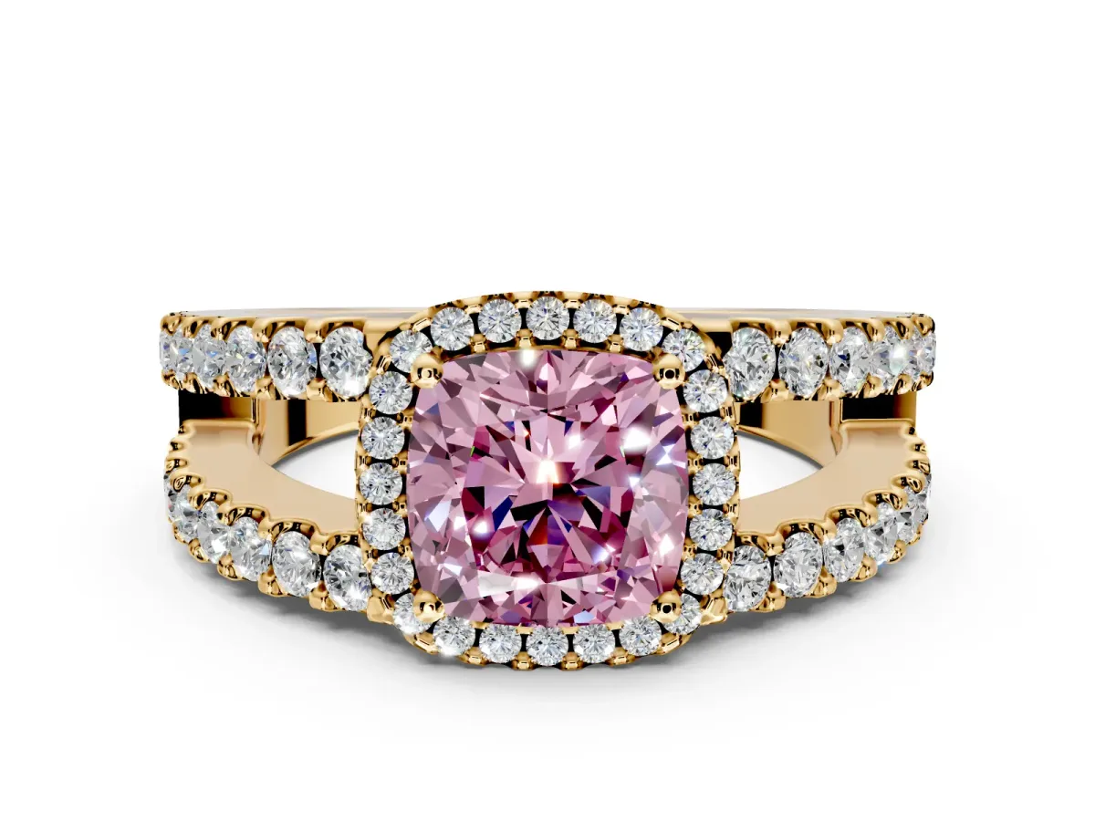 Halo Engagement Ring Setting for Fancy Pink Cushion Cut Center with Wide-Open Pave Split Shank and Prong Head in Yellow Gold