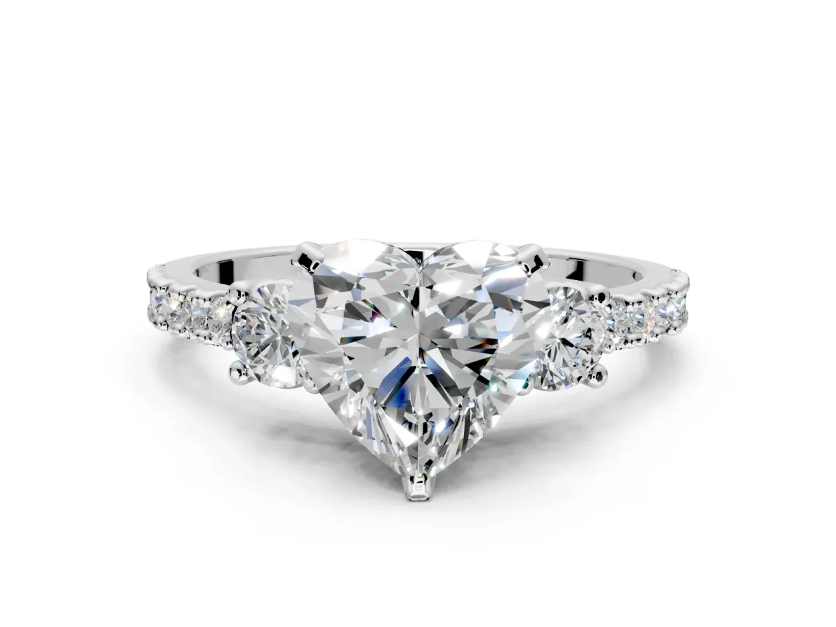 3 Stone Engagement Ring Setting for Heart-Shaped Center with Round Cut Side Accents and Prong Head in Platinum
