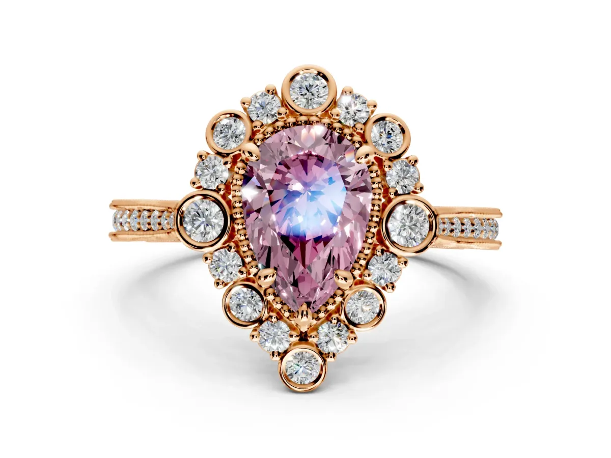 Milgrain Halo Engagement Ring Setting for Fancy Pink Pear-Shaped Center with Bezel Point Accents and Prong Head in Rose Gold
