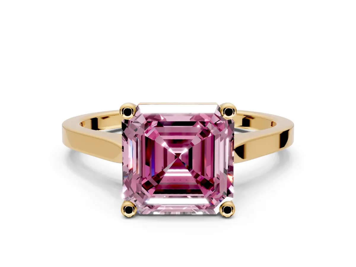 Solitaire Engagement Ring Setting for Fancy Pink Asscher Cut Center with Tapered Shoulders and Prong Head in Yellow Gold