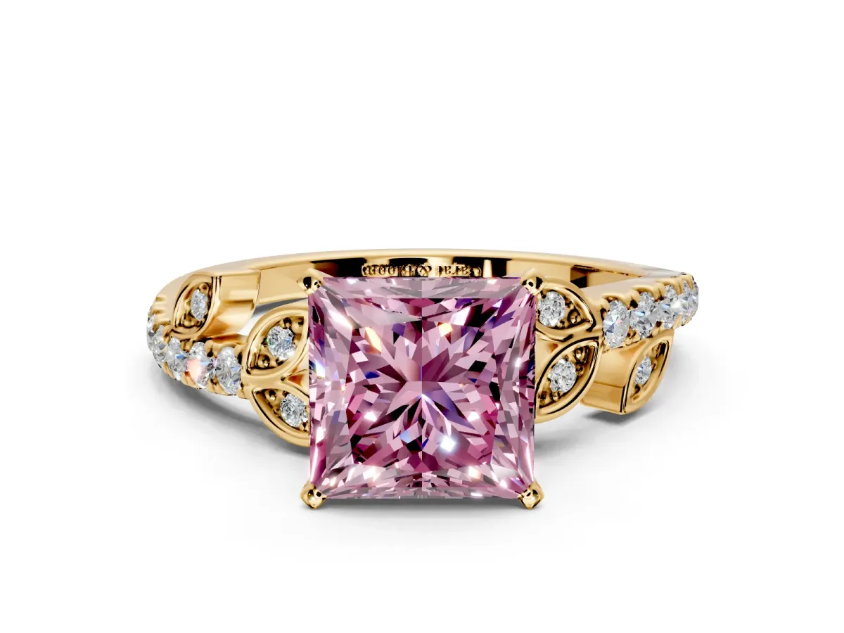 Leaf Motif Engagement Ring Setting for Fancy Pink Princess Cut Center with Pave Band and Prong Head in Yellow Gold
