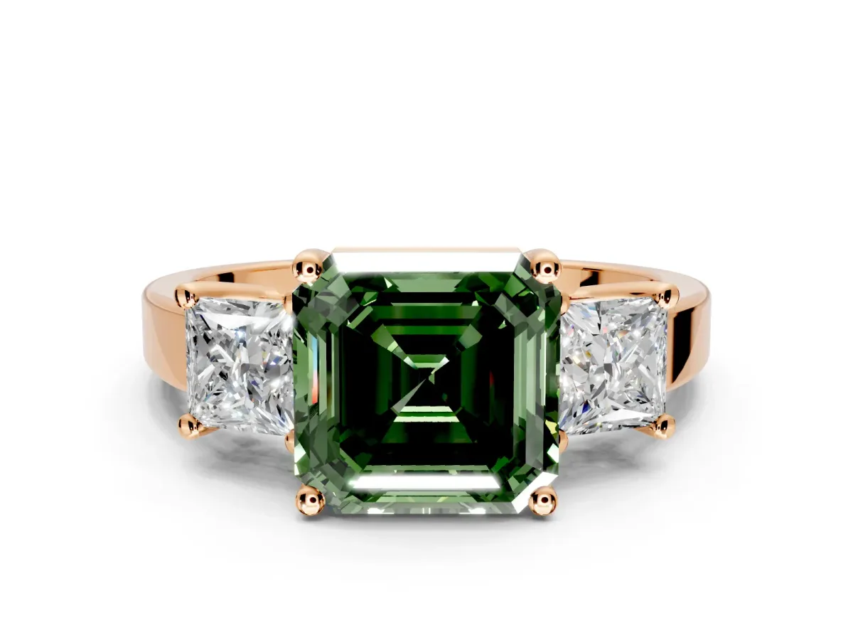 3 Stone Engagement Ring Setting for Fancy Green Asscher Cut Center with Matching Side Accents and Prong Head in Rose Gold