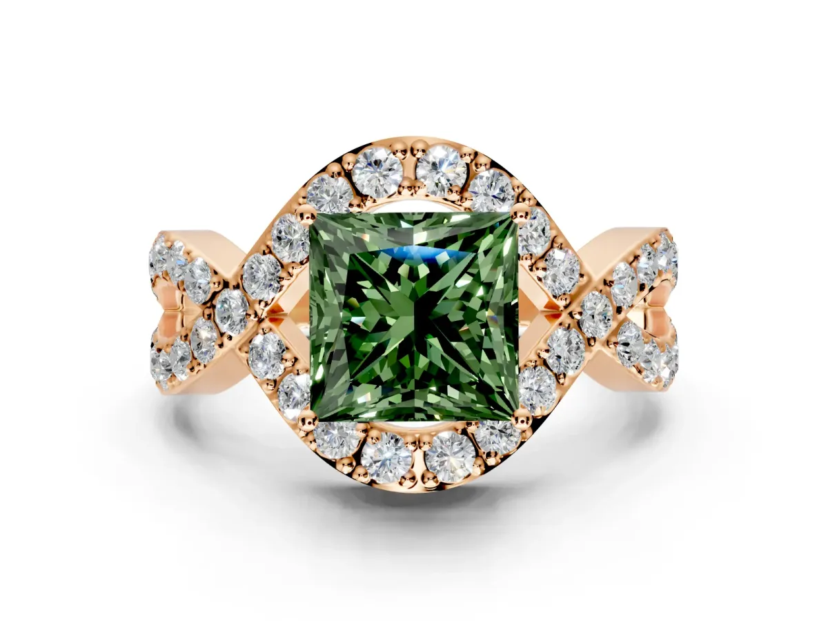 Halo Engagement Ring Setting for Fancy Green Princess Cut Center with Pave Infinity Twist Band and Prong Head in Rose Gold