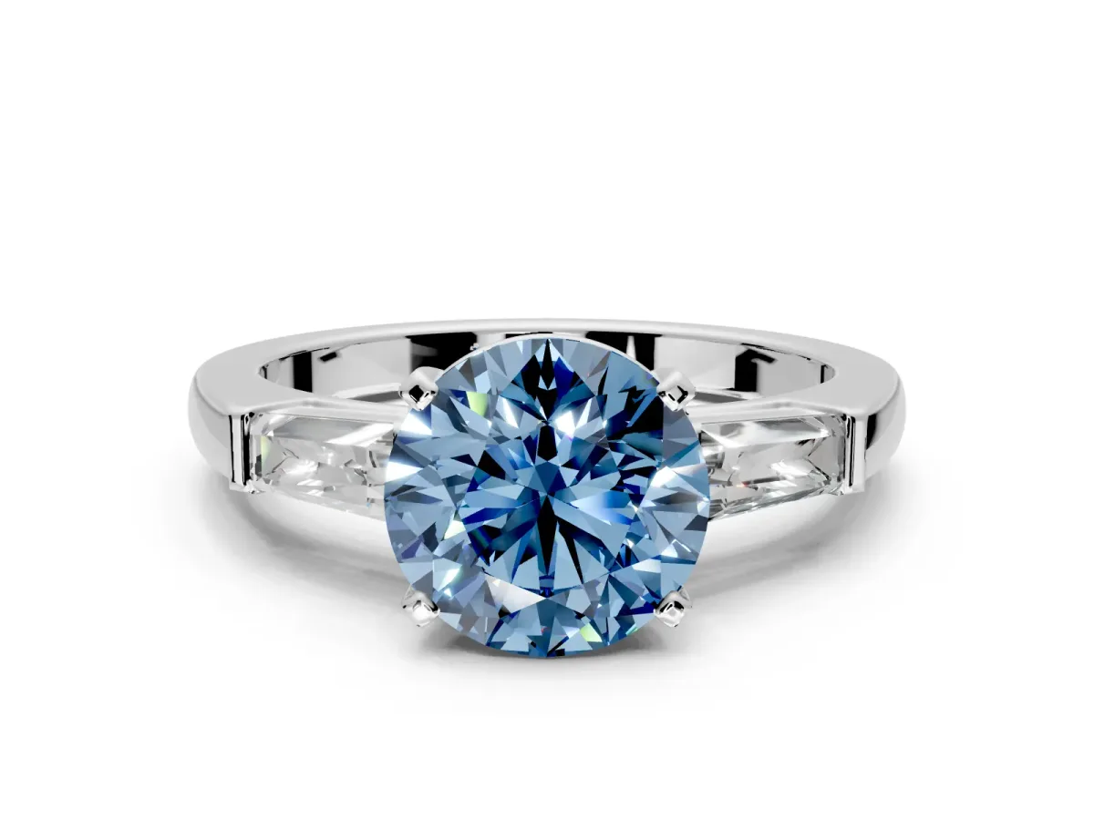 3 Stone Engagement Ring Setting for Fancy Blue Round Cut Center with Tapered Baguettes, Plain Band and Prong Head in Sterling Silver