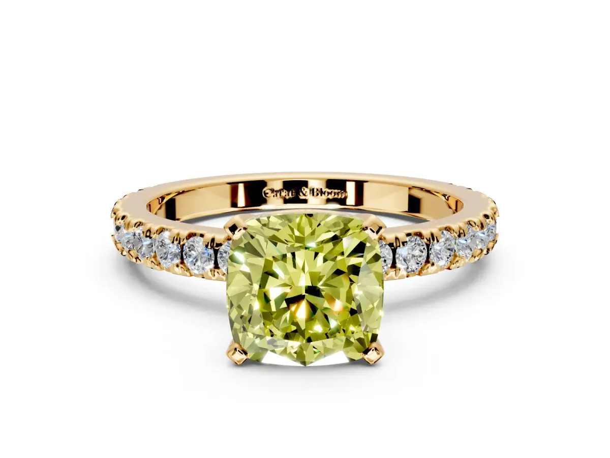 Solitaire Engagement Ring Setting for Fancy Yellow Cushion Cut Center with Fine Pave Band and Claw Prong Head in Yellow Gold